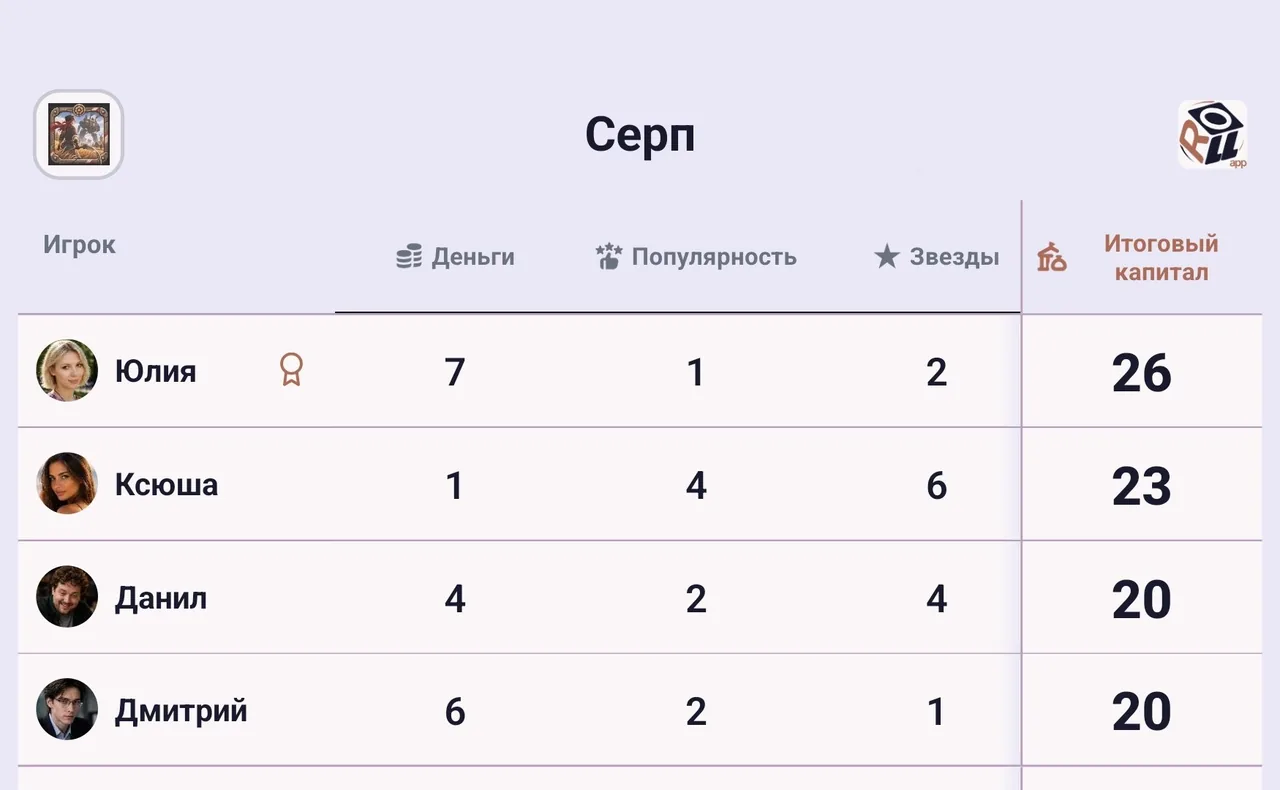 Экран Roll App: Одна партия на нескольких устройствах